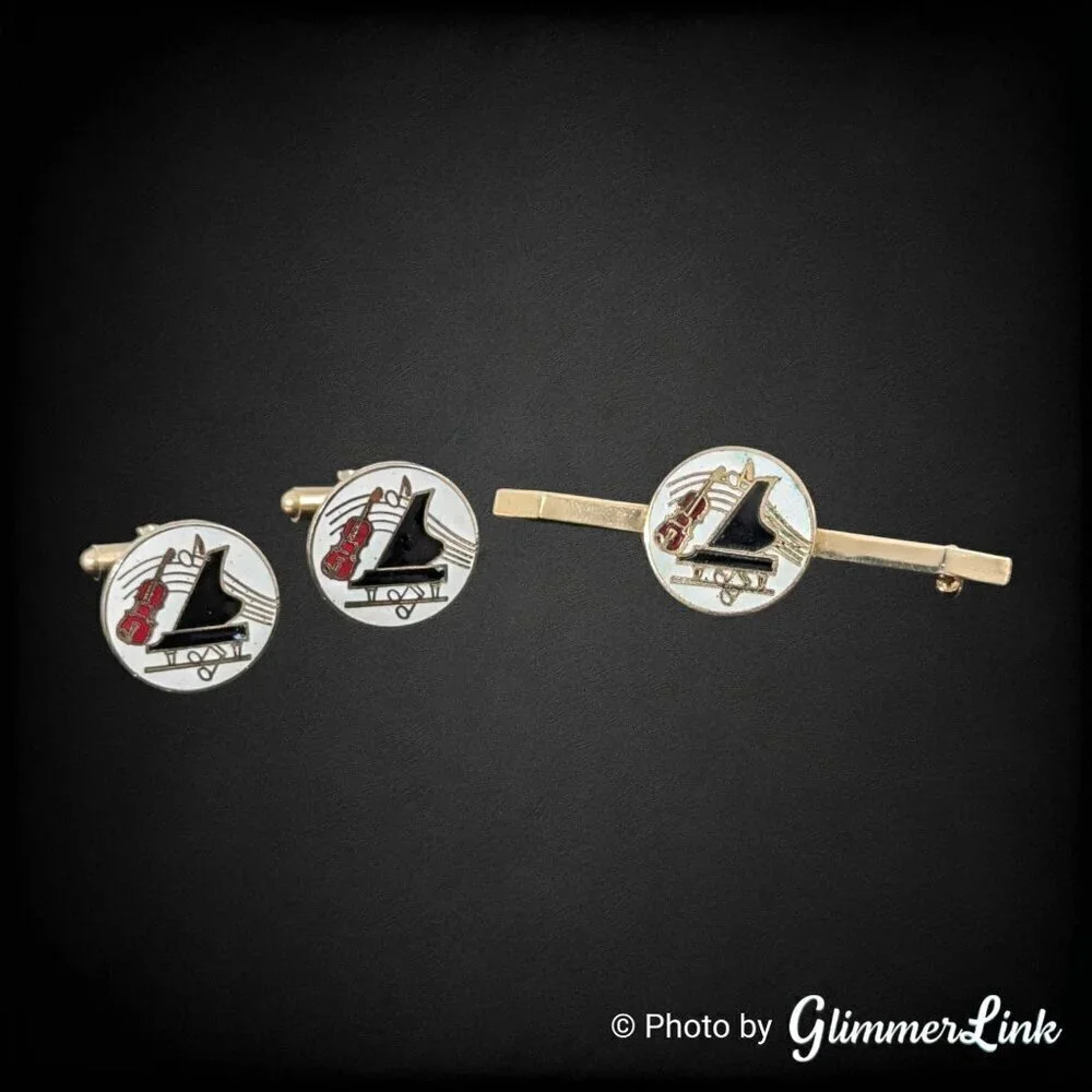 Vintage Music Themed Cello Piano Enamel Cufflinks & Bar Brooch Set